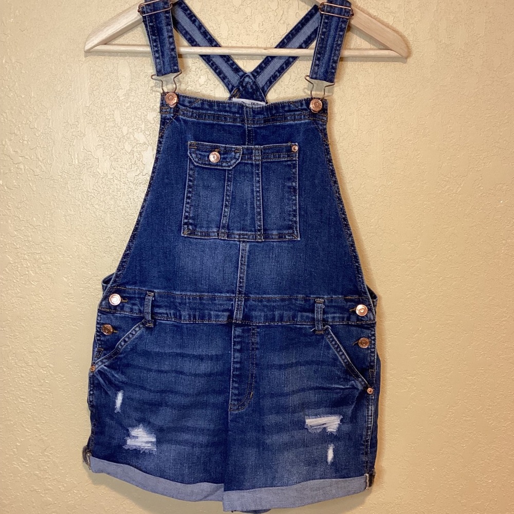 Vintage Jordache Blue Denim Stretch Overall Bib Shorts, Cuff, Girl's XXL Size 18